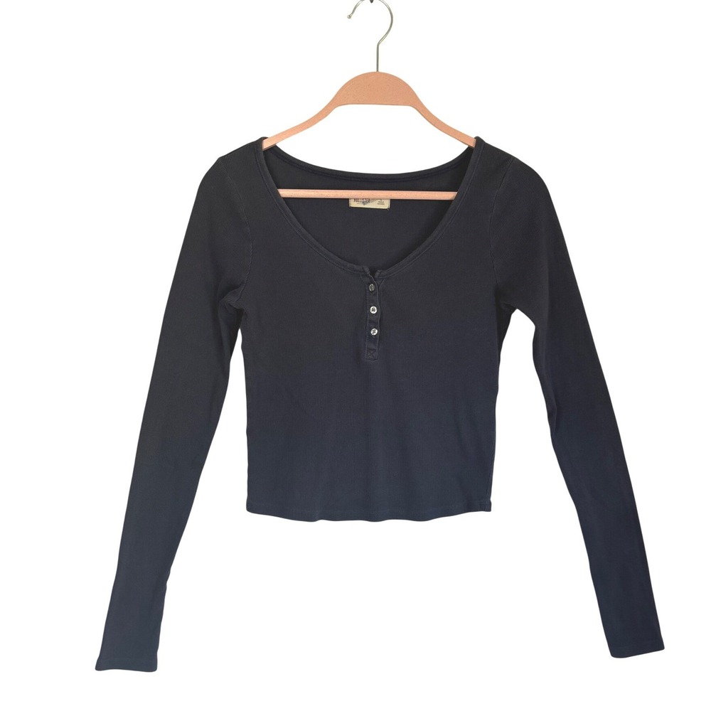 Y2K Hollister Ribbed Henley Long sleeve Top Womens L Navy Ribbed Knit Bella Prep